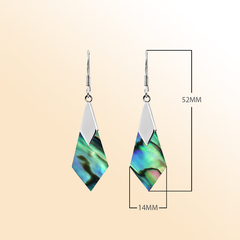 Sterling silver Abalone shell drop earrings in a modern geometric design, featuring shimmering blue-green iridescence and handcrafted artisan silver.