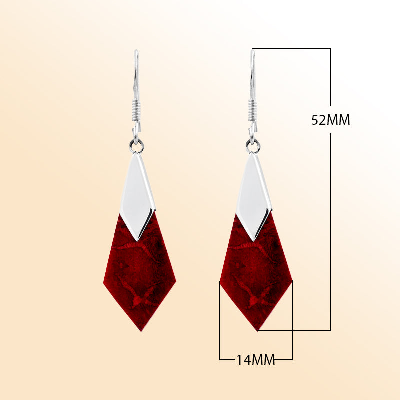 Sterling silver Red Coral drop earrings in a modern geometric design, featuring vibrant red gemstones with sleek silver accents, perfect for everyday wear or special occasions.