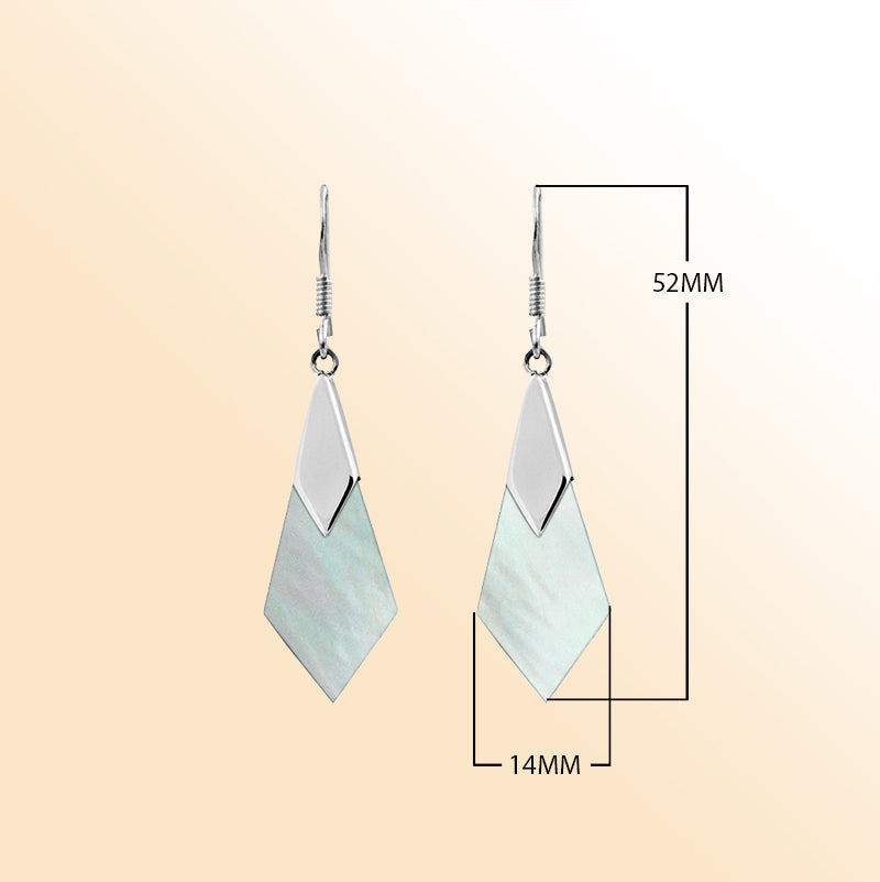 Sterling silver Mother of Pearl drop earrings in a modern geometric design, featuring soft white iridescence with polished silver accents, perfect for elegant everyday wear or special occasions.