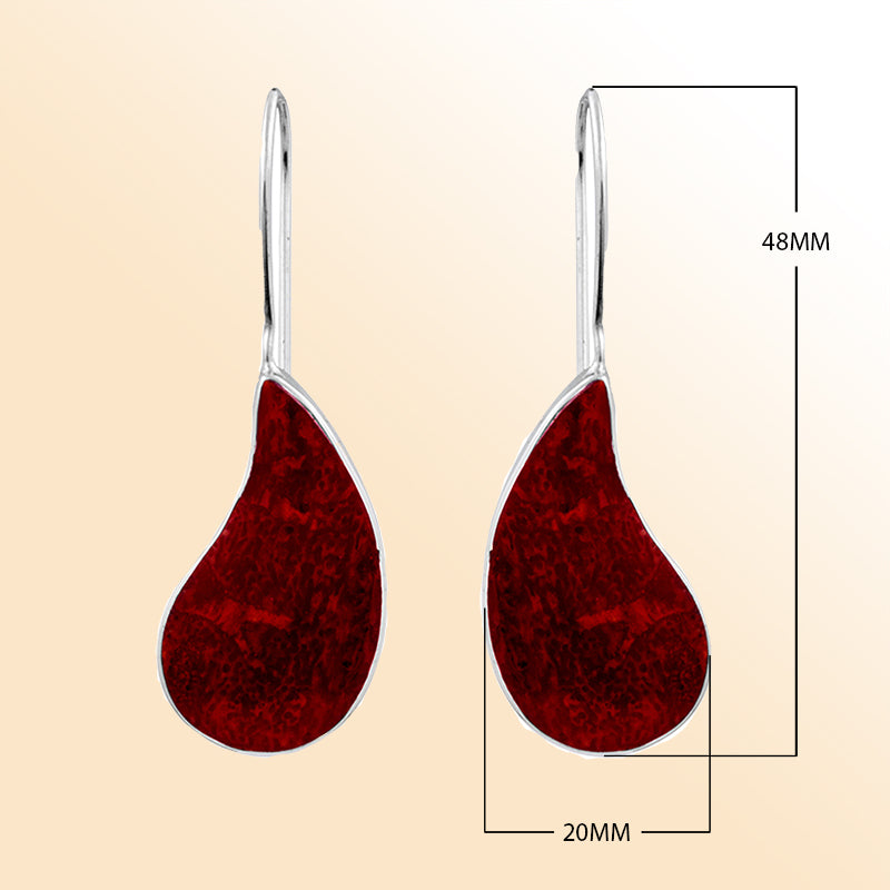 "Elegant sterling silver teardrop earrings with vibrant red coral gemstone, handcrafted jewelry for women."