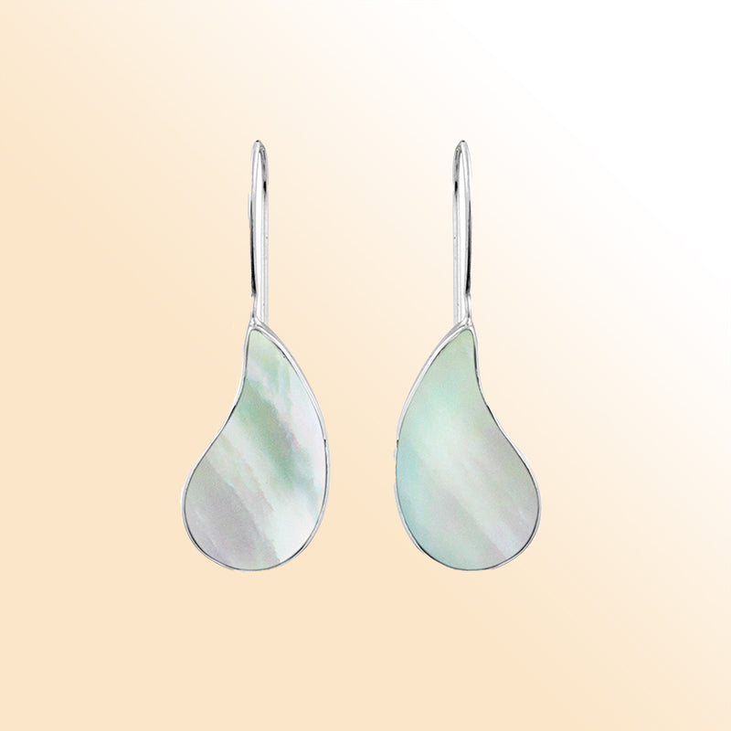 "Elegant sterling silver teardrop earrings with shimmering Mother of Pearl, timeless drop design perfect for daily wear or special occasions."