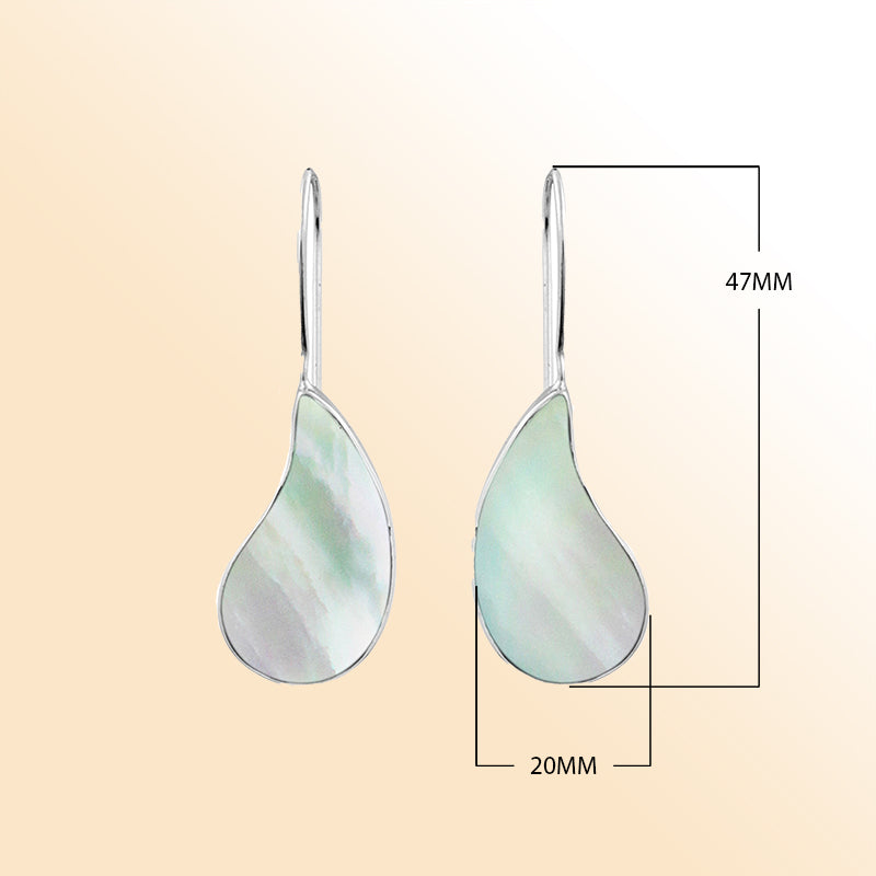 "Elegant sterling silver teardrop earrings with shimmering Mother of Pearl, timeless drop design perfect for daily wear or special occasions."