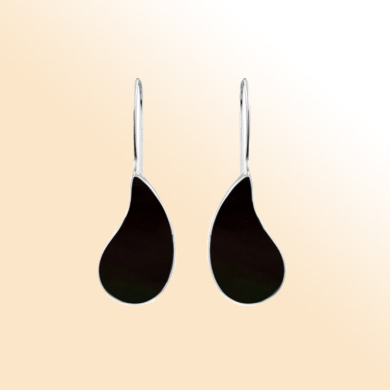 Elegant sterling silver teardrop earrings with black shell inlay, handcrafted Bali jewelry for women.