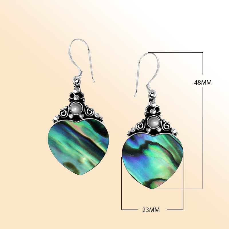 "Sterling silver heart earrings with abalone shell and pearl accents, handcrafted Bali design for women’s elegant jewelry"