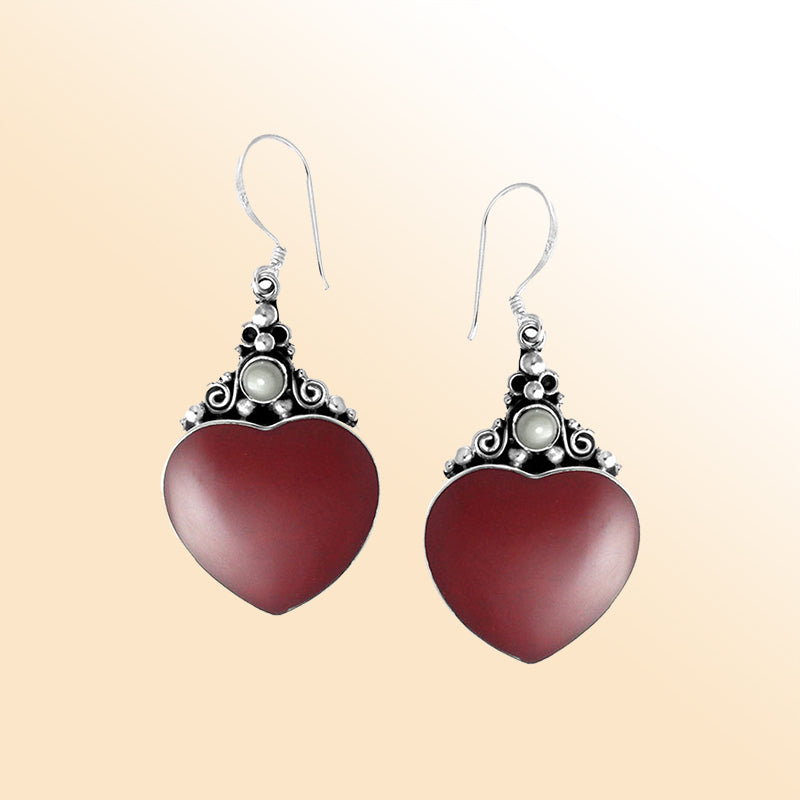 AE-1025-CR Sterling Silver Heart Shape Earring With Coral & Pearl Jewelry Bali Designs Inc 