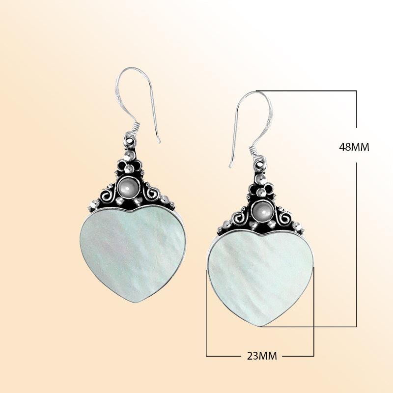 "Sterling silver Mother of Pearl heart earrings with pearl accents and Bali scrollwork for women"