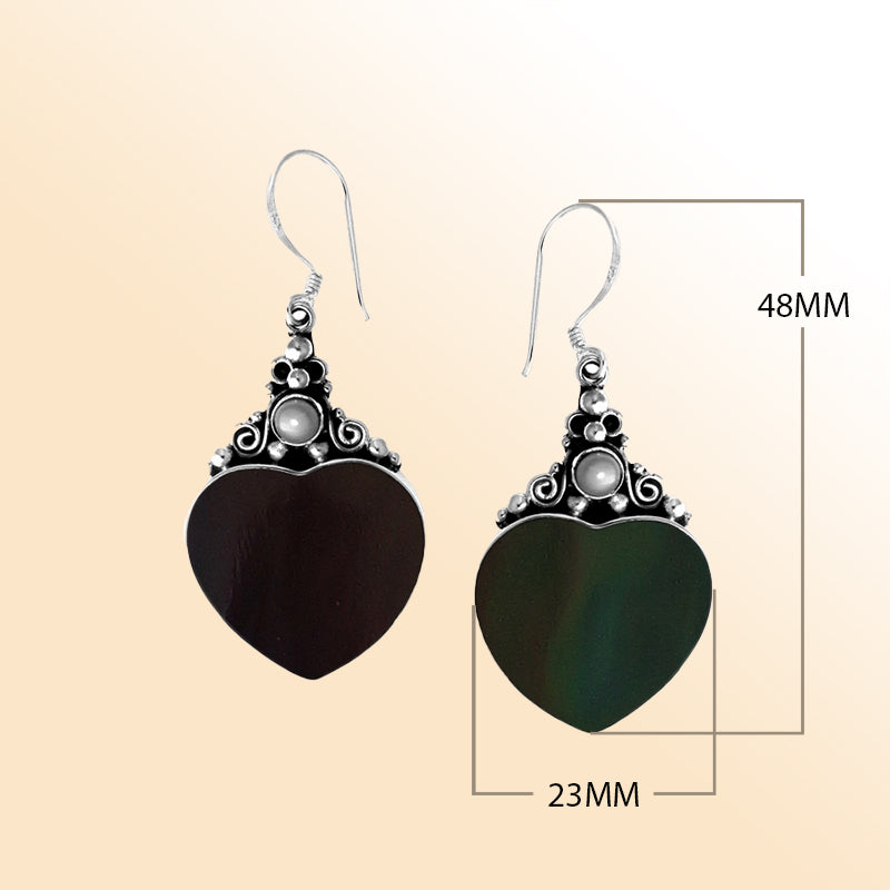 "Sterling silver black shell heart earrings with pearl accents, elegant handcrafted Bali jewelry for women"