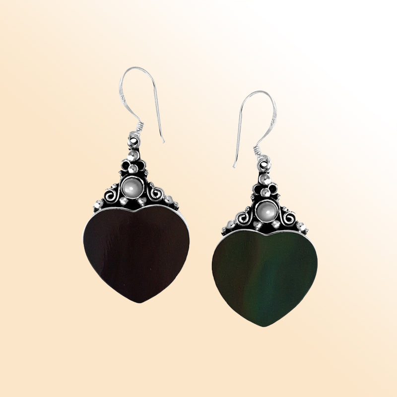 "Sterling silver black shell heart earrings with pearl accents, elegant handcrafted Bali jewelry for women"