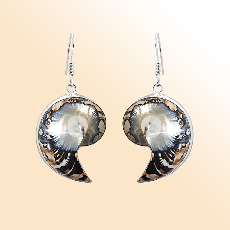 Handcrafted sterling silver Nautilus Shell earrings with tiger shell inlay – unique ocean-inspired jewelry for beach lovers and everyday wear.