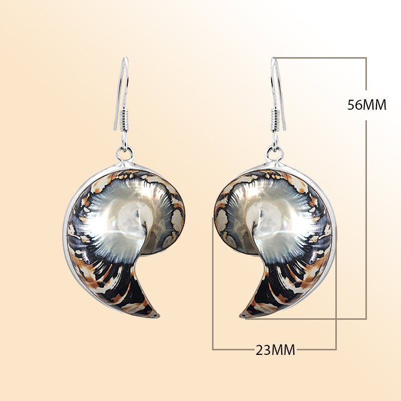 Handcrafted sterling silver Nautilus Shell earrings with tiger shell inlay – unique ocean-inspired jewelry for beach lovers and everyday wear.