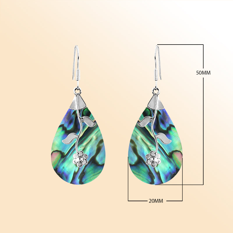 Abalone shell teardrop earrings with sterling silver floral vine accent