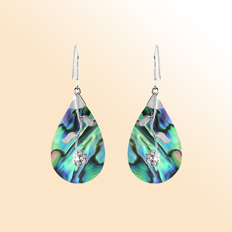 Abalone shell teardrop earrings with sterling silver floral vine accent