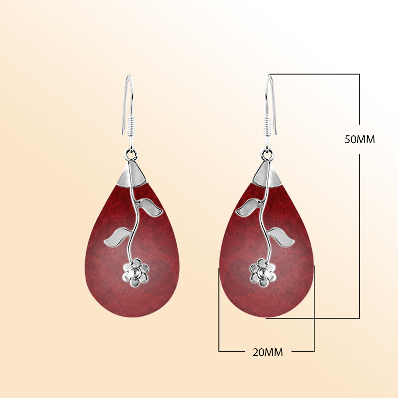 Sterling silver red shell teardrop earrings with floral vine accent for women
