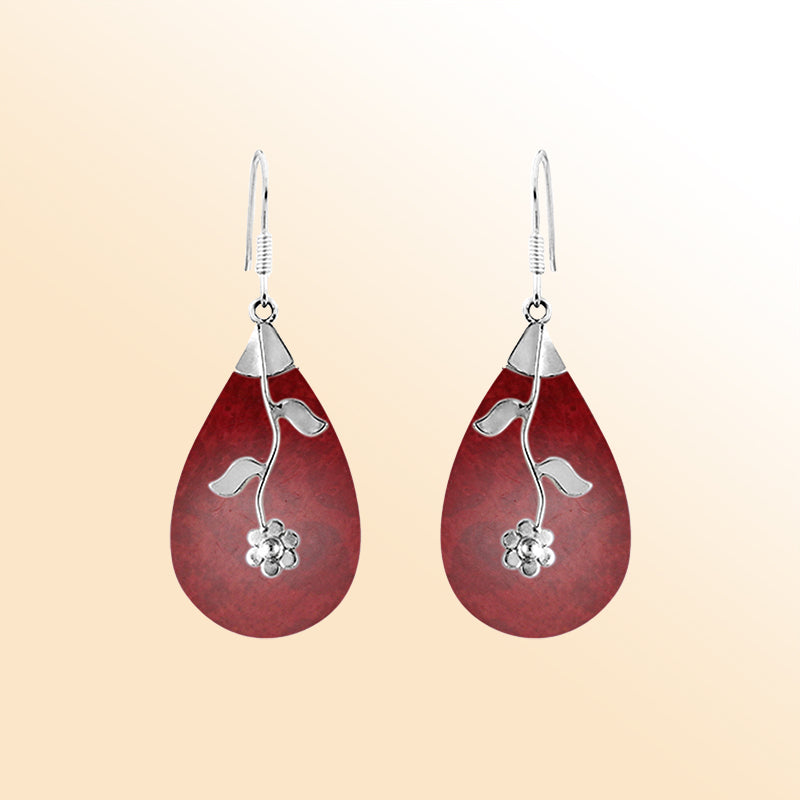 Sterling silver red shell teardrop earrings with floral vine accent for women