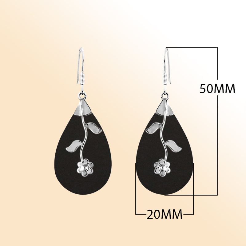 Sterling silver black shell teardrop earrings with floral vine accent for women
