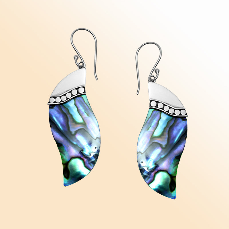 Sterling silver abalone shell wave earrings with dotted accent for women