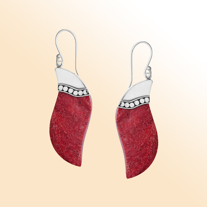 Sterling silver red shell wave earrings with dotted accent for women