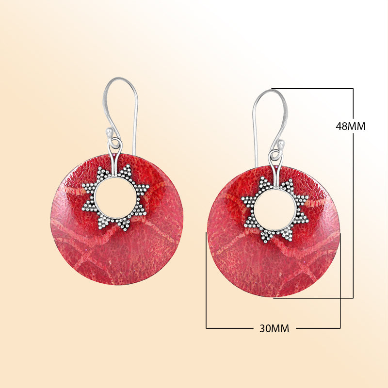 Sterling Silver Red Coral Round Earrings with Sunburst Accent
