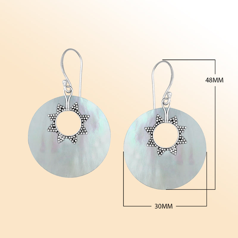 Sterling silver mother of pearl round earrings with sunburst accent for women