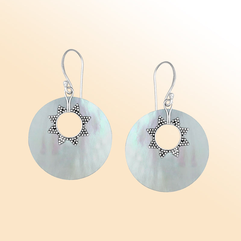 Sterling silver mother of pearl round earrings with sunburst accent for women
