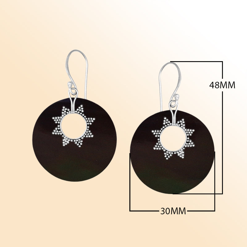 Sterling silver black shell round earrings with sunburst accent for women