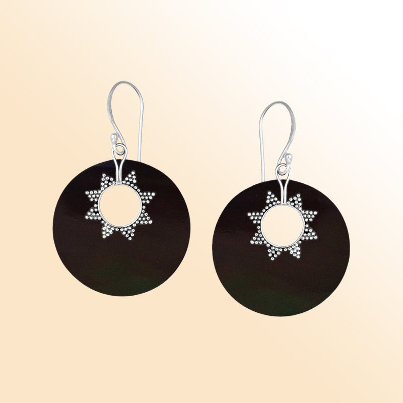 Sterling silver black shell round earrings with sunburst accent for women
