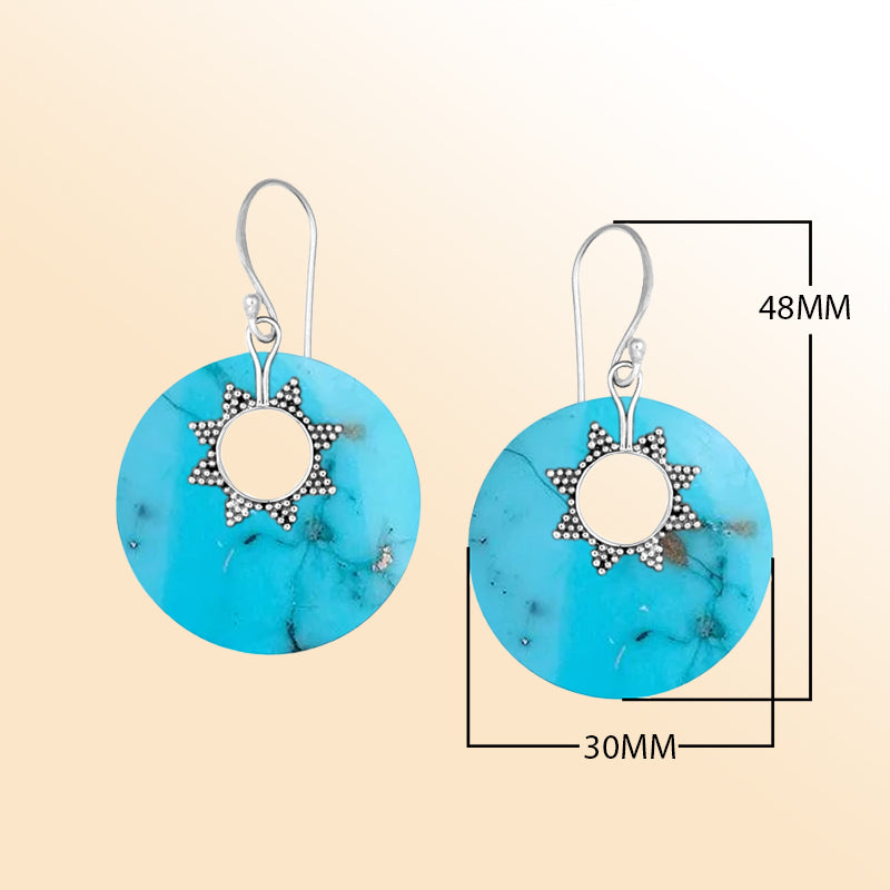 Sterling silver turquoise round earrings with sunburst accent for women