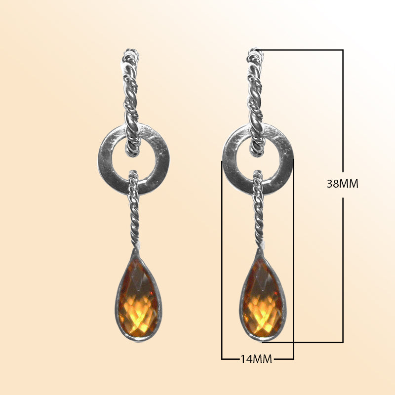 Sterling silver citrine teardrop earrings with twisted hoop design for women