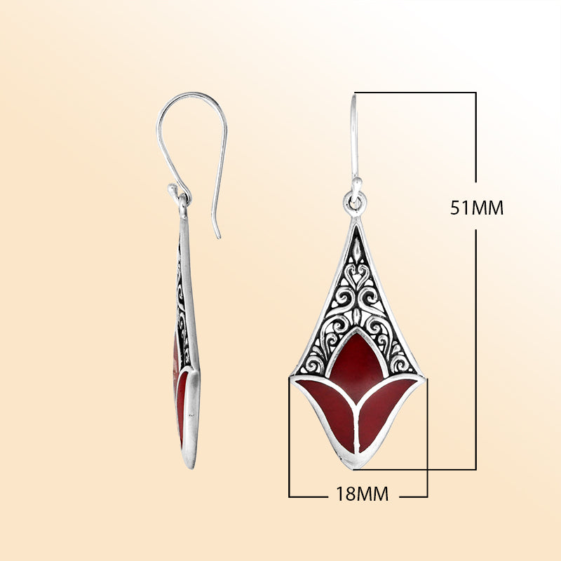 Sterling silver red shell filigree diamond earrings with ornate silver detailing for women
