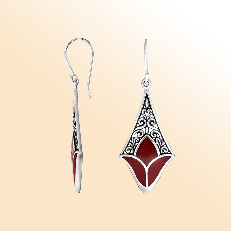 Sterling silver red shell filigree diamond earrings with ornate silver detailing for women