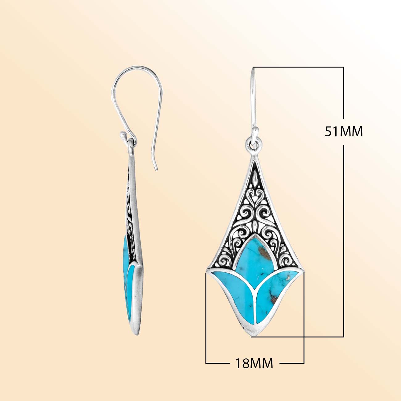 Sterling silver turquoise filigree diamond earrings with ornate silver design for women
