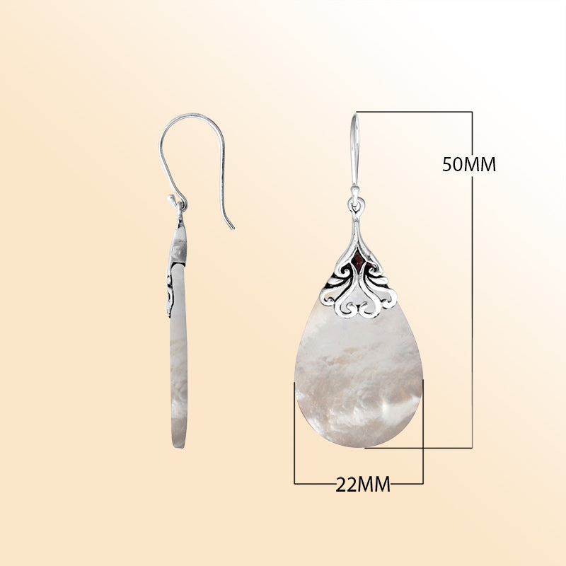 Sterling silver mother of pearl teardrop earrings with scroll accent for women