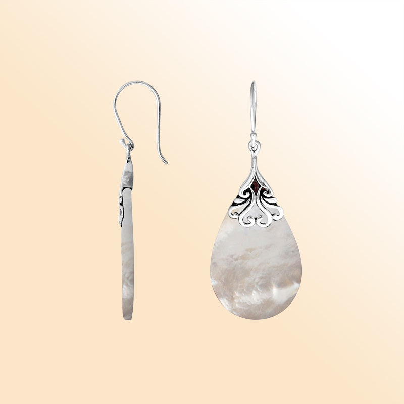 Sterling silver mother of pearl teardrop earrings with scroll accent for women