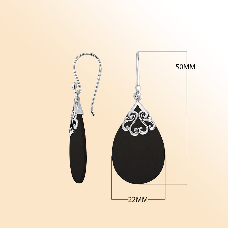 Sterling silver black shell teardrop earrings with scroll accent for women