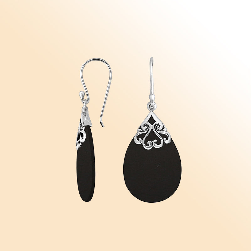 Sterling silver black shell teardrop earrings with scroll accent for women