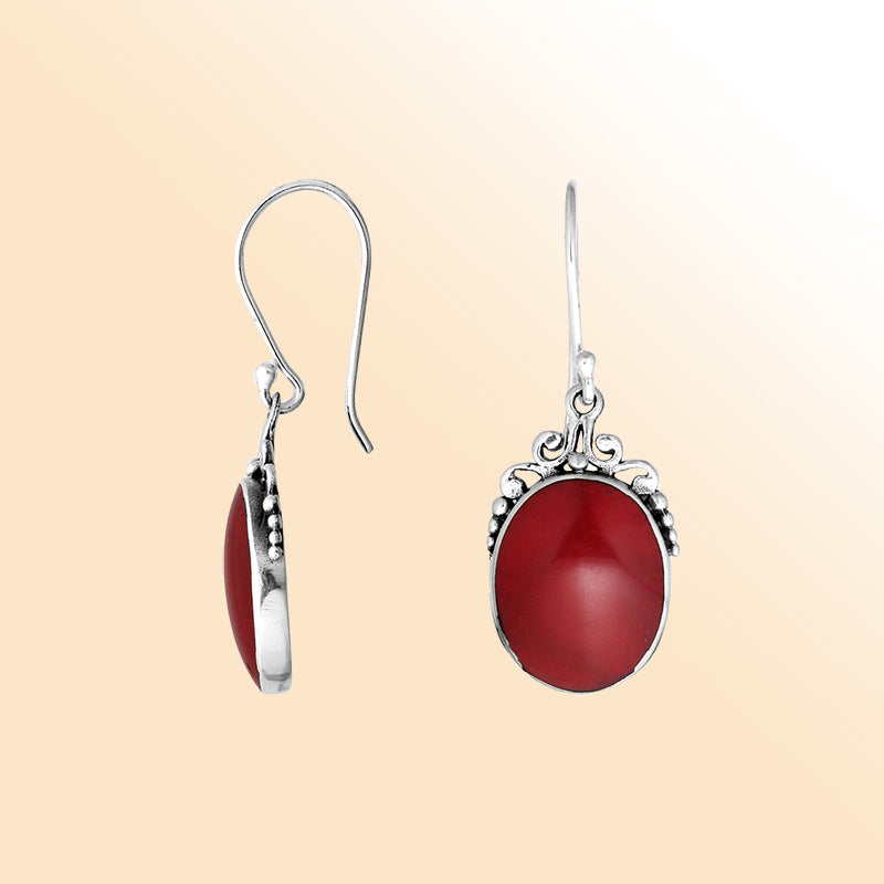 Sterling silver coral oval earrings with scroll and bead accent for women