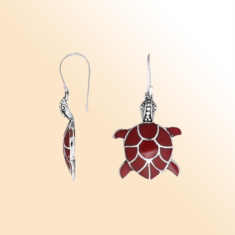 Sterling silver red shell turtle earrings with vibrant inlay and detailed silver accents