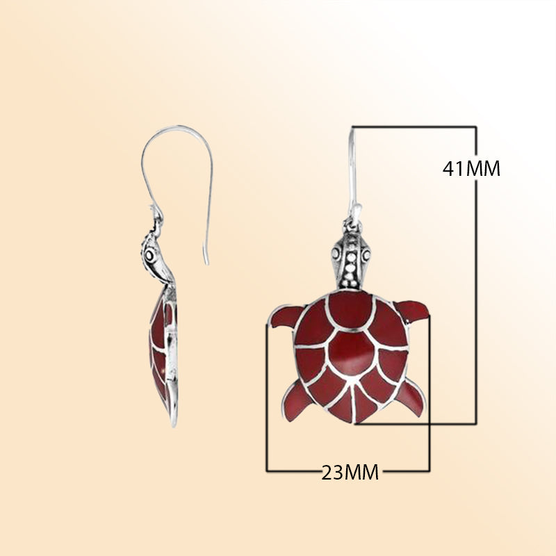Sterling silver red shell turtle earrings with vibrant inlay and detailed silver accents
