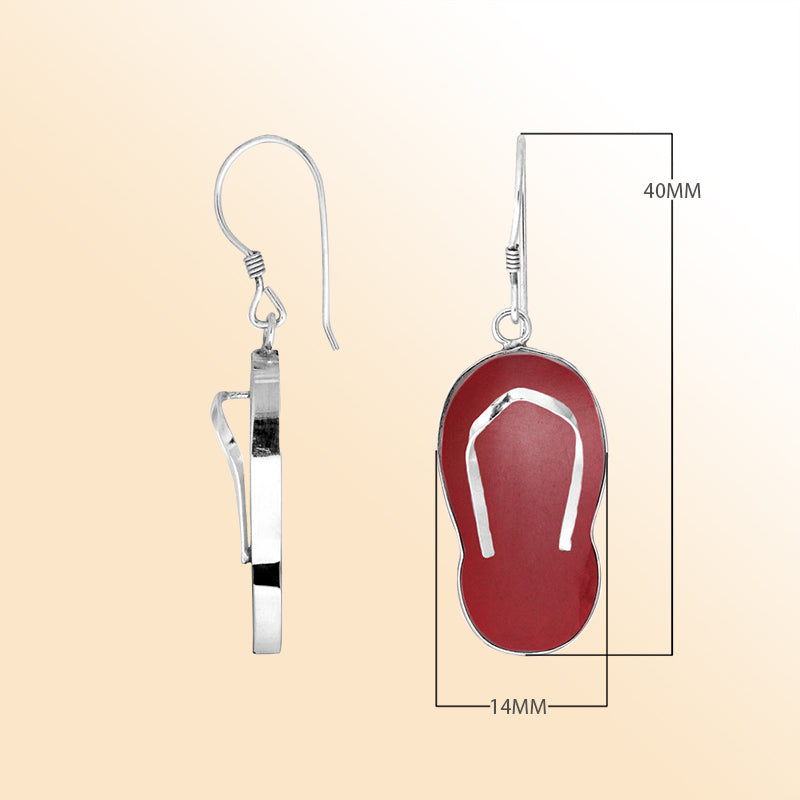 Sterling silver red coral flip flop earrings with coral inlay, handmade beach jewelry for women.