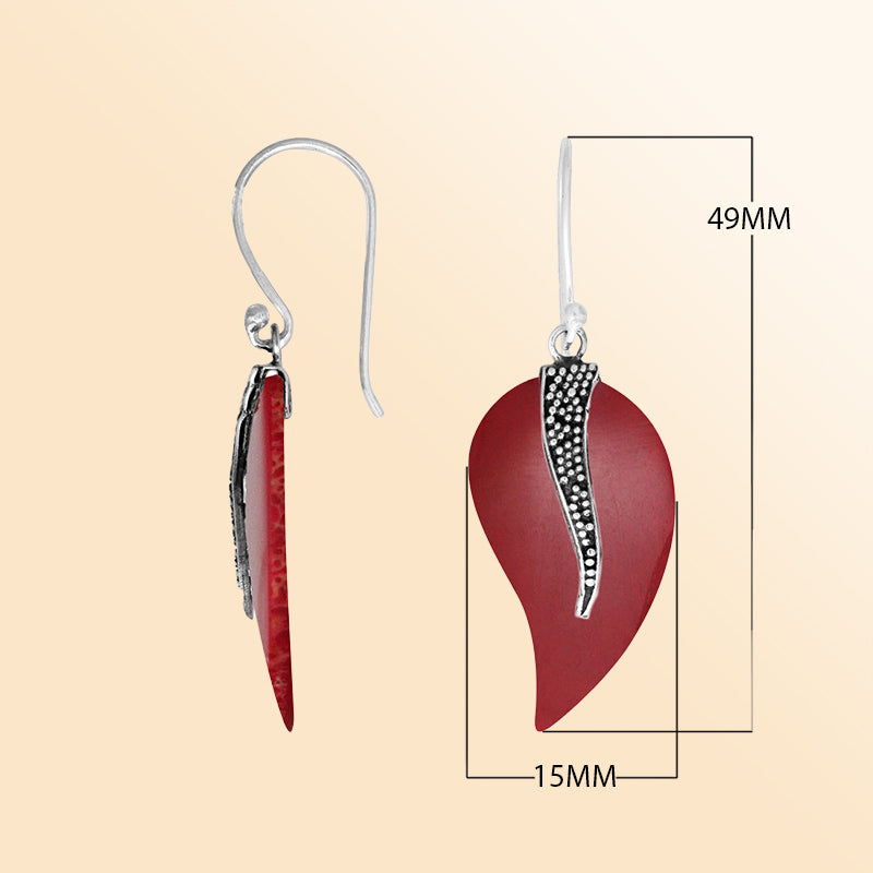 Sterling silver red coral leaf earrings with artisan oxidized silver detailing