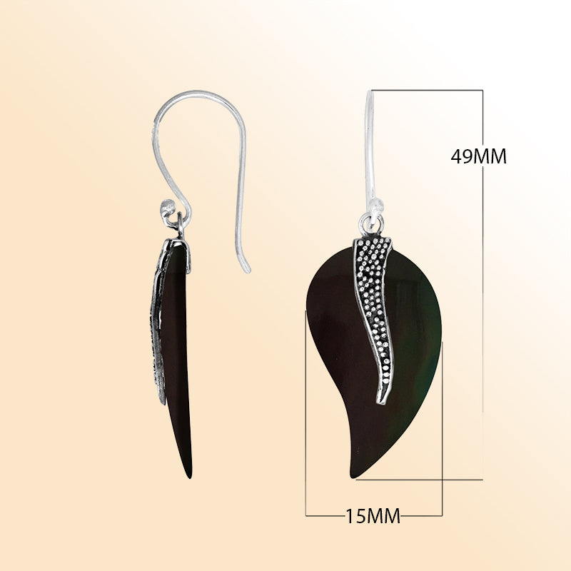 “Black shell leaf drop earrings with sterling silver textured accent – elegant handcrafted artisan jewelry”