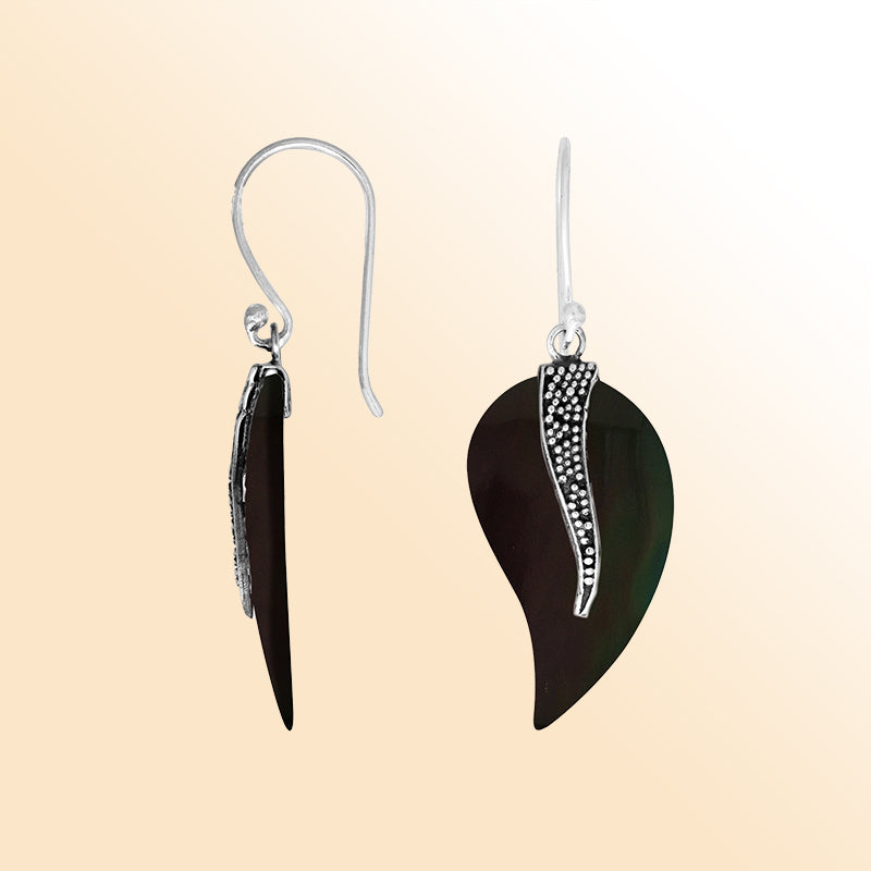 “Black shell leaf drop earrings with sterling silver textured accent – elegant handcrafted artisan jewelry”