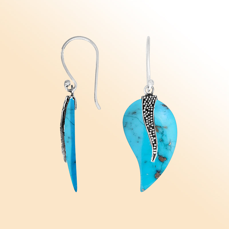 “Turquoise leaf drop earrings with sterling silver wave accent – handcrafted artisan Shell jewelry for women”