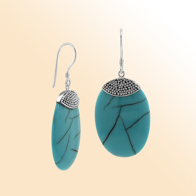 “Sterling silver oval earrings with Turquoise Shell – handcrafted Bali jewelry with beadwork, vibrant and elegant gift for her”