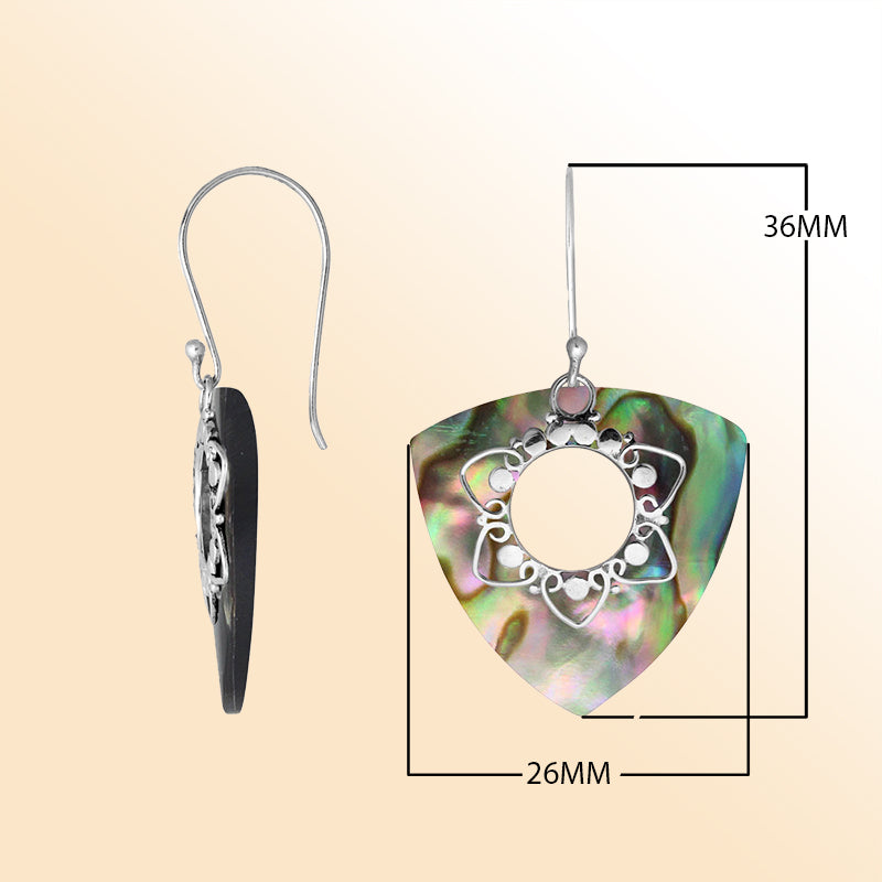 “Sterling silver triangle earrings with natural Abalone Shell – handcrafted Bali jewelry with filigree, shimmering ocean-inspired gift for her”