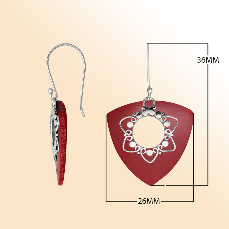 “Sterling silver triangle earrings with  Coral – handcrafted Bali jewelry with floral filigree, bold and elegant gift for her”