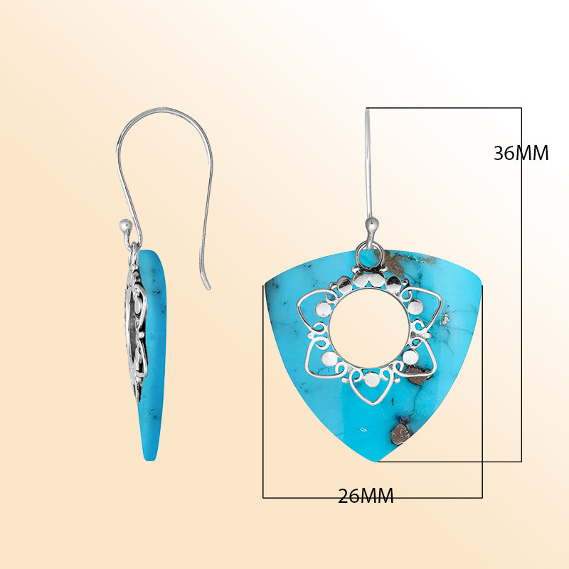“Sterling silver triangle earrings with natural Turquoise – handcrafted Bali jewelry with floral filigree, vibrant gift for her”
