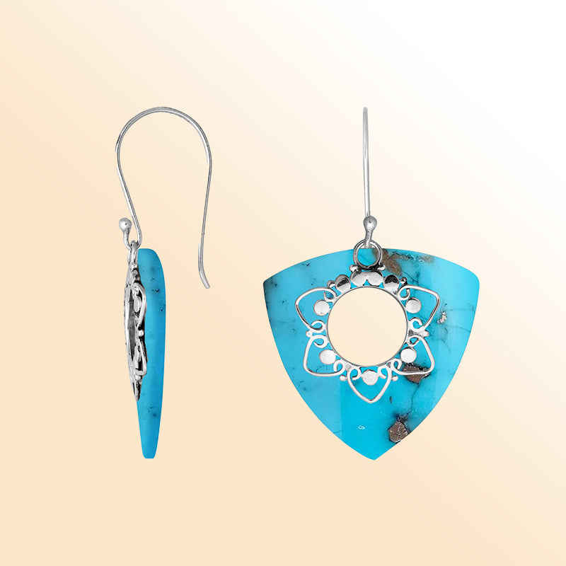 “Sterling silver triangle earrings with natural Turquoise – handcrafted Bali jewelry with floral filigree, vibrant gift for her”