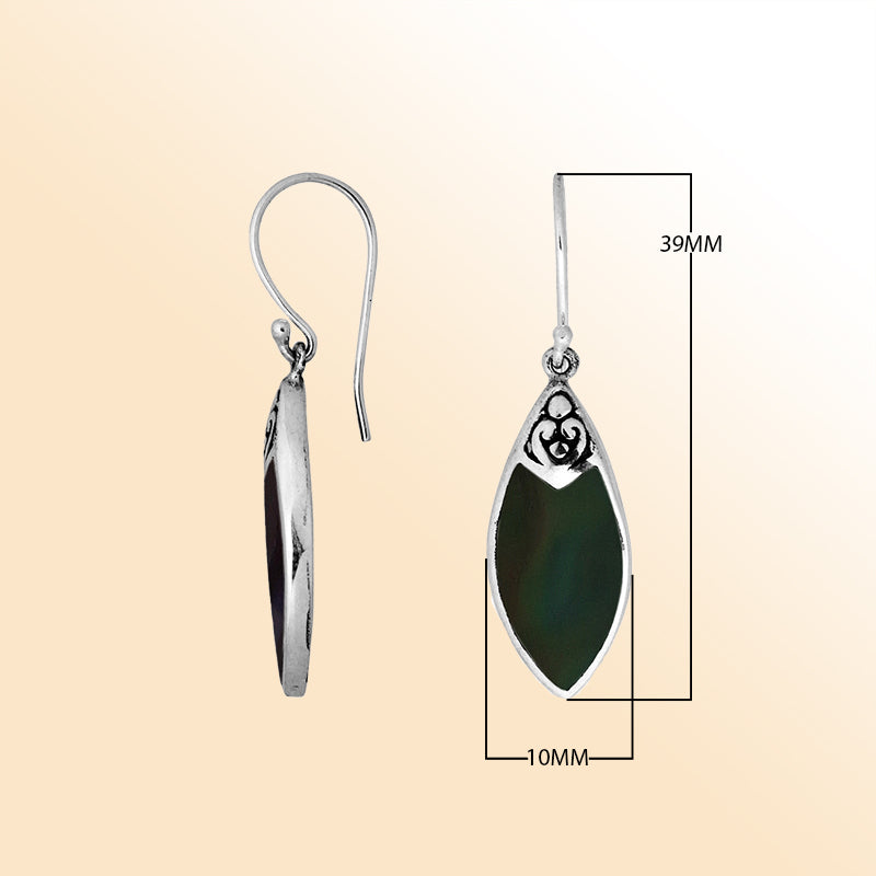 Handcrafted sterling silver marquise drop earrings with shimmering black shell inlay and Balinese scrollwork design