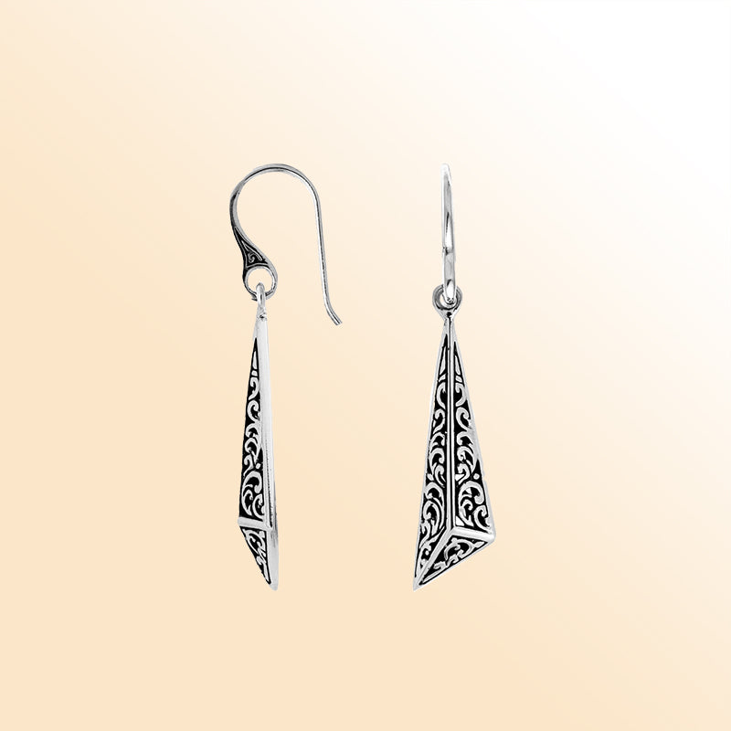 Handcrafted sterling silver long triangle drop earrings with Balinese scrollwork and oxidized detailing